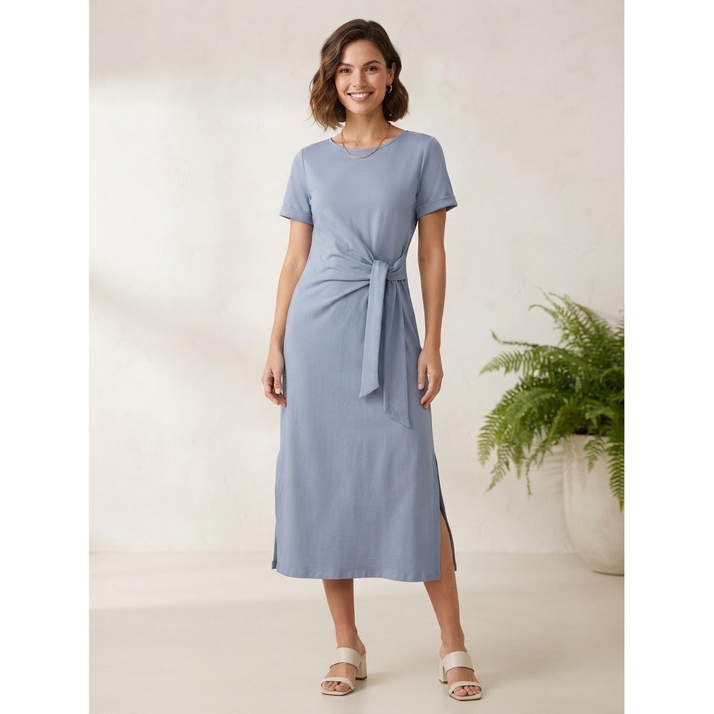 Quince Moonstone Blue Cotton Jersey Side Tie Midi Dress NWT